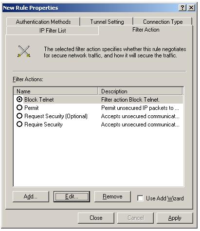 IPSec filter action Block Telnet created