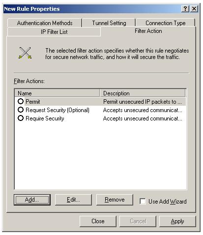 IPSec filter action tab