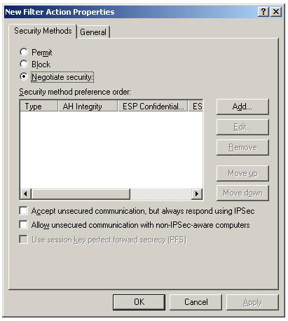 Negotiate Security IPSec Filter Action