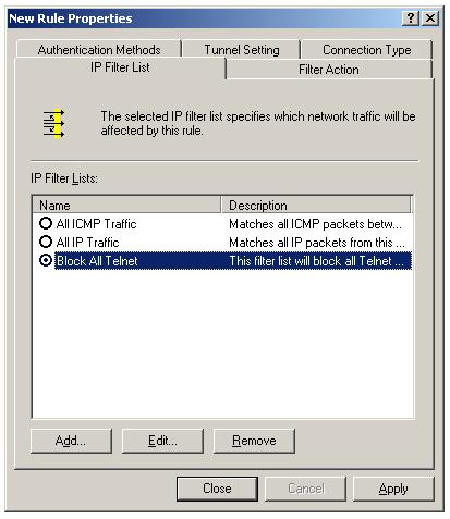 Select Block All Telnet IP filter list