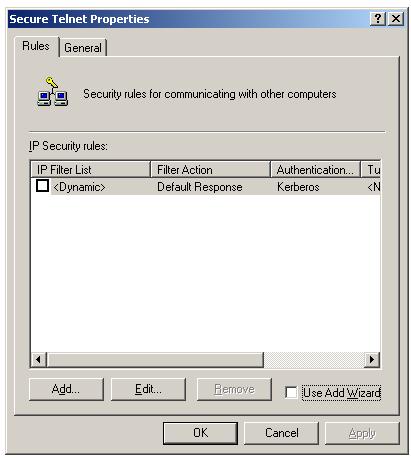 Properties box of Secure Telnet IPSec Policy