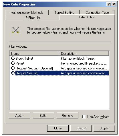 select require security IPSec filter action