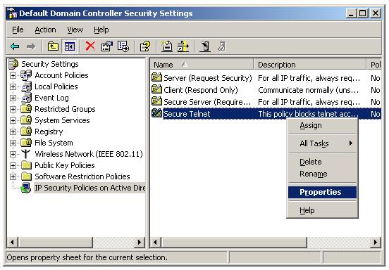 IPSec Secure Telnet policy properties