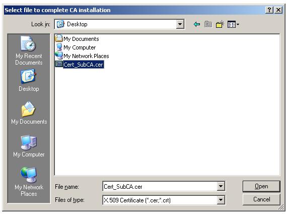 Install CA certificate on Enterprise Subordinate CA - Select CA certificate