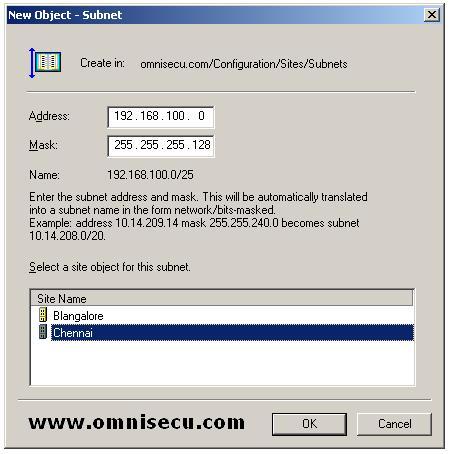 Active Directory Sites and Services snap-in new object subnet dialog