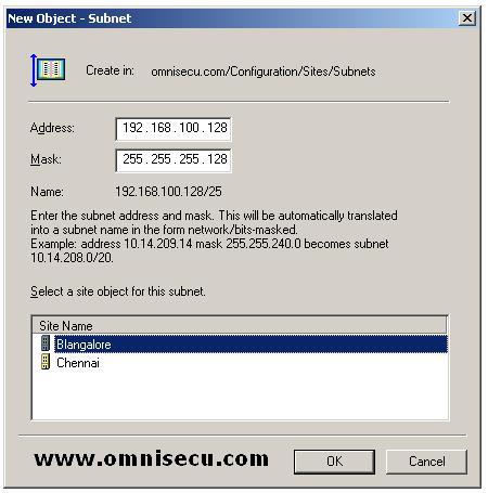 Active Directory Sites and Services snap-in new object subnet dialog