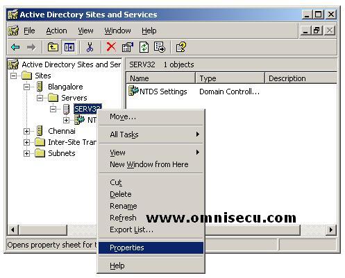 Active Directory Sites and Services Snap-in Select Server properties 