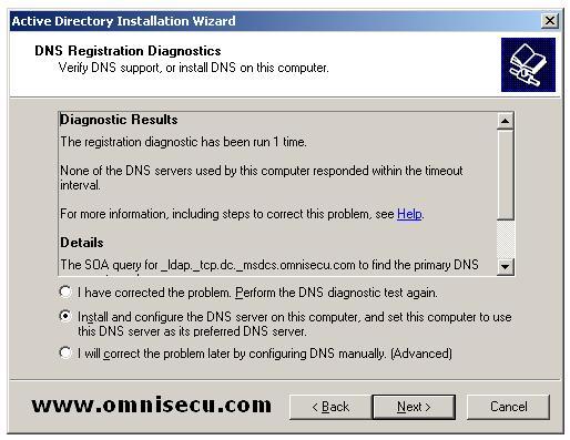 Dcpromo DNS registration Dagnostics